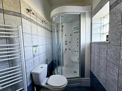 a bathroom with a toilet and a shower in it at Belle Verte Villa Maleme in Maleme