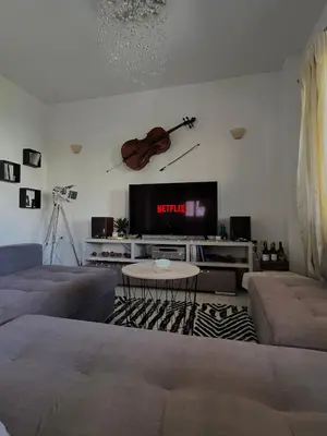 a living room with two couches and a violin on the wall at Zoi’s Apartment in Chania Town