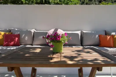 a coffee table with a pot of flowers on a couch at Feneri 3 -Cozy rustic Apt 20' from Elafonisi beach in Elafonisi