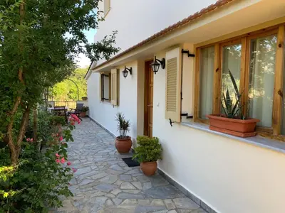 a house with potted plants on the side of it at VILLA FATIMA in Vryses