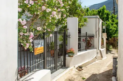 a gate with pink flowers on a building at Casa Elafonisi N1- 10min from the beach in Plokamianá