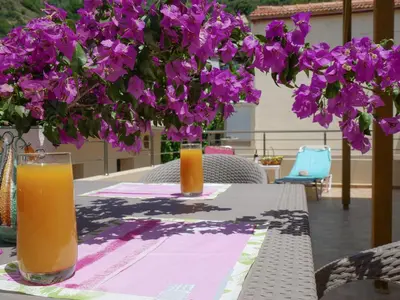 a table with two glasses of orange juice and purple flowers at Katerina's house in Kefálion