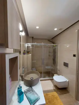 a bathroom with a shower and a toilet and a sink at Rika’s seaside apartments in Chania Town