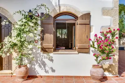 a house with flowers in vases on a patio at Villa Areti by Villa Plus in Spiliá