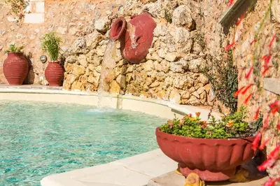 a pool with a water feature and a potted plant at Samonas - Orange villa Diktamos in Khiliomoudhoú