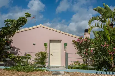 a pink house with a yellow door and some plants at Eco Friendly Country Home in Kókkinos Pírgos