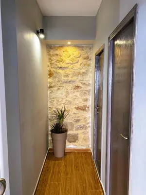a hallway with a stone wall and a potted plant at Hippie City Hostel in Chania Town