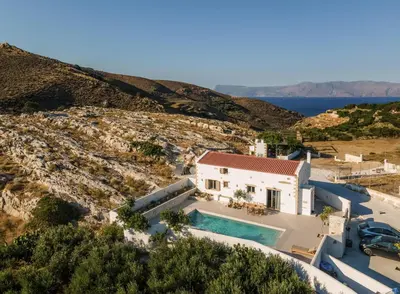 an aerial view of a house with a swimming pool at Villa Froudi in Kissamos