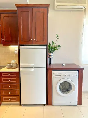 a kitchen with a refrigerator and a washing machine at Vista Mare in Palaiochóra