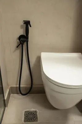 a toilet in a bathroom with a hose attached to the wall at Ontas IK18 in Chania Town