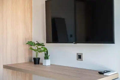 a shelf with a tv and a potted plant on it at Yiannis Deluxe Apartment in Chania Town
