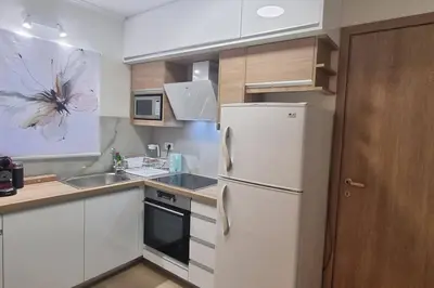a kitchen with a white refrigerator and a sink at MAGIC VIEW APARTMENT in Chania Town