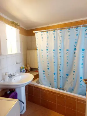 a bathroom with a sink and a shower curtain at Argy Cozy Apartment (Όμορφο Διαμέρισμα στα Χανιά) in Chania Town