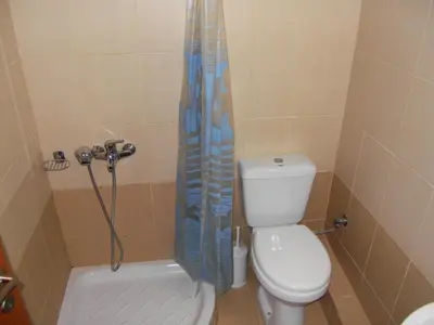 a small bathroom with a toilet and a shower at Panorama Askifou in Karés