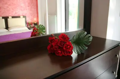 a bouquet of red roses on a dresser in a bedroom at Kouros Chania Villas in Maleme