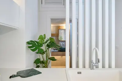 a kitchen with a sink and a plant at KaiZen Chania - New Central Apartment Just 350m Away With Private Jacuzzi and free parking! in Chania Town