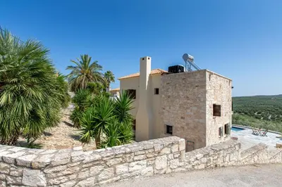 a building with a stone wall and palm trees at Villa Daya in Darmarochori
