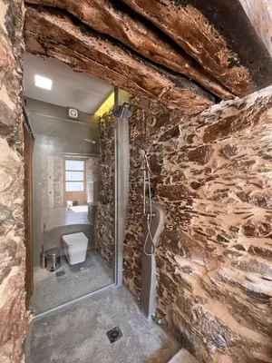 a bathroom with a stone wall with a toilet in it at The Stone House in Avdhoulianá