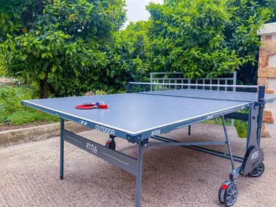 a blue ping pong table sitting on top at The Stone House in Avdhoulianá