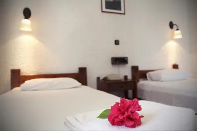 a hotel room with two beds with a pink flower on top at Delfini Apartments in Kissamos