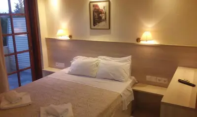 a hotel room with a bed with two pillows at Alexandros Studios in Kalamaki Chanion
