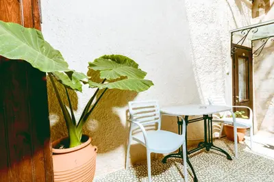 a table and a chair and a potted plant at Bozzali Deluxe Hotel in Chania Town