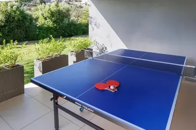 a blue ping pong table with two tennis rackets on it at SeaSilia Luxury Villa in Korakiaí