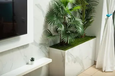 a bathroom with palm trees in a planter at New cozy apartment near the center of Chania in Chania Town
