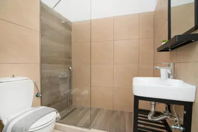 a bathroom with a shower and a toilet and a sink at Kristina Stelios Apartment in Plataniás