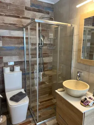 a bathroom with a sink and a toilet and a shower at Granny's Nest in Kalyves