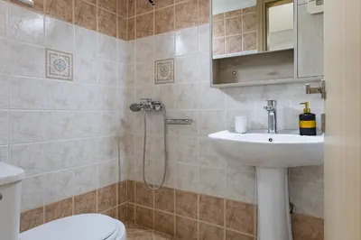 a bathroom with a shower and a toilet and a sink at Villa panagiotis in Kissamos