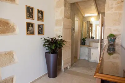 a hallway with a potted plant on a wall at Cretan cottage of 1900 with beautiful olive yard in Kissamos