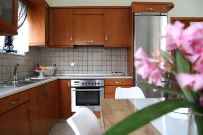 a kitchen with wooden cabinets and a stove top oven at Anna Kavros appartment in Chania Town