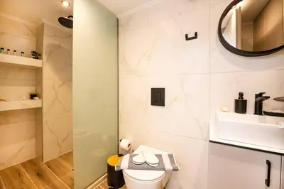 a bathroom with a toilet and a mirror at Ontas apartment in Kissamos in Kissamos